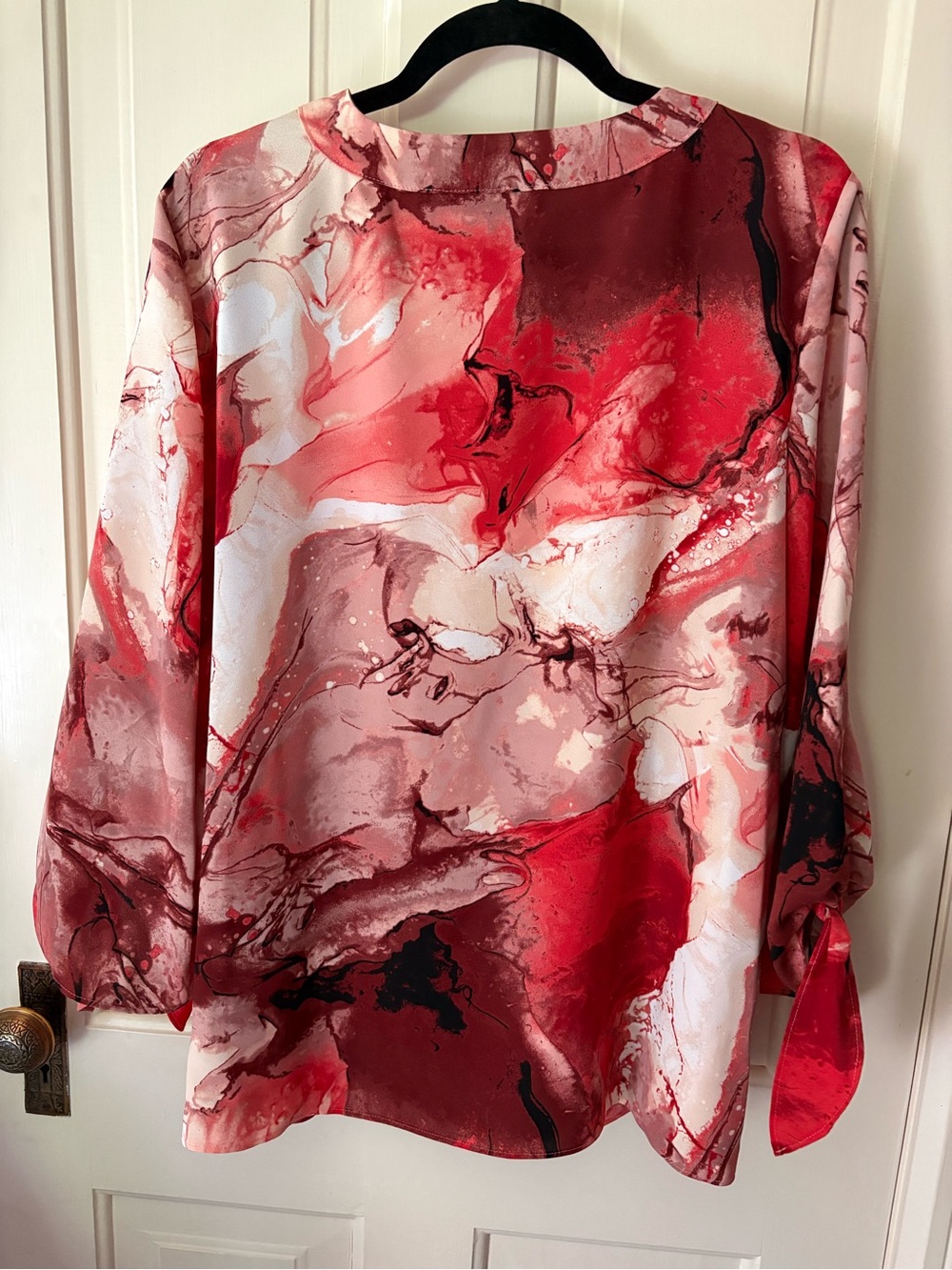 Alfani Red Marble-Print V-Neck Tie-Sleeve Blouse - Picture 2 of 6